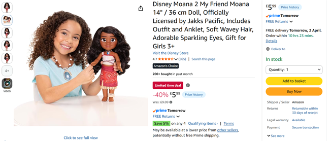 Screenshot showing Disney Moana 2 My Friend Moana Doll for £5.99 at Amazon