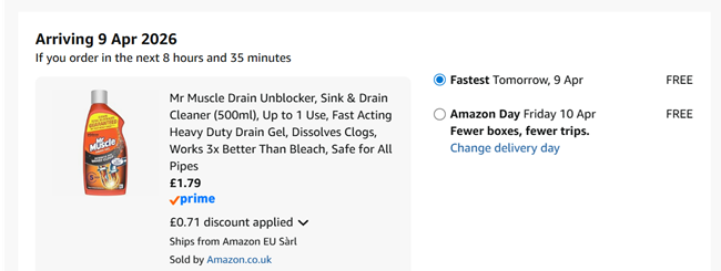 Screenshot showing Mr Muscle Drain Unblocker, Sink & Drain Cleaner (500ml) for £1.79 at Amazon