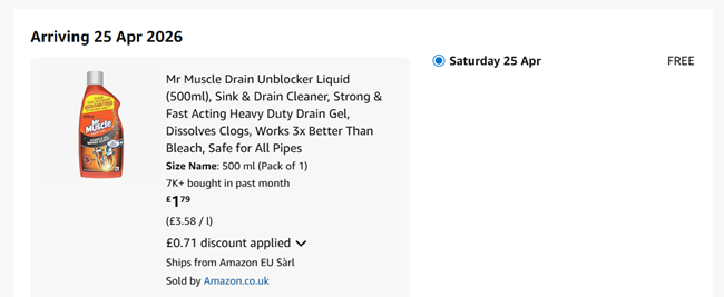 Screenshot showing Mr Muscle Drain Unblocker, Sink & Drain Cleaner (500ml) for £1.79 at Amazon