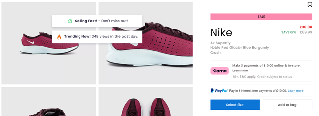 Screenshot showing Nike Air Superfly Noble Red Glacier Blue Burgundy Crush Women's Shoes for £30 at Office