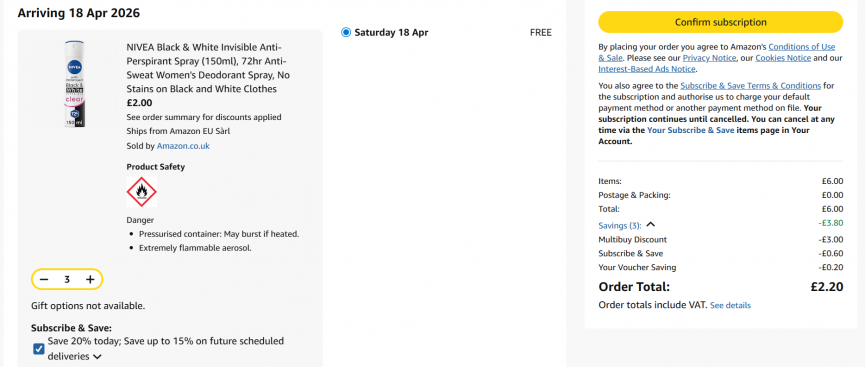 Screenshot showing Nivea Black & White Invisible Anti-Perspirant Spray (150ml) 3 for £2.20 at Amazon