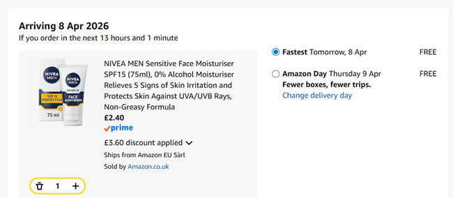 Screenshot showing Nivea Men Sensitive Face Moisturiser SPF15 (75ml) for £2.40 at Amazon