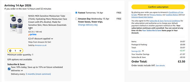 Screenshot showing Nivea Men Sensitive Moisturiser Tube (75ml) for £2.50 at Amazon