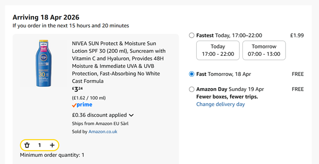 Screenshot showing Nivea Sun Protect & Moisture Sun Lotion SPF 30 (200 ml) for £3.24 at Amazon