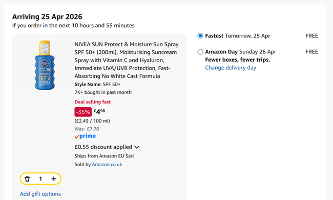 Screenshot showing NIVEA SUN Protect & Moisture Sun Spray SPF 50+ (200ml) for £4.98 at Amazon