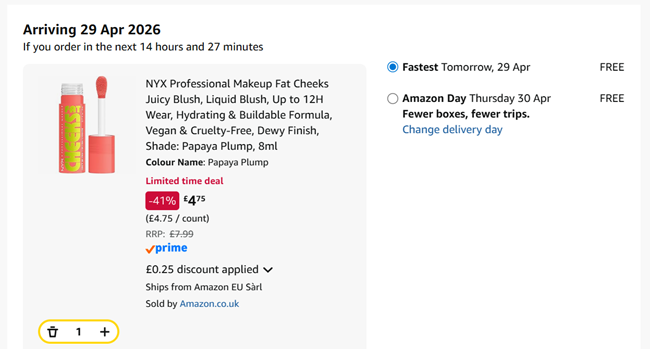Screenshot showing NYX Professional Makeup Fat Cheeks Juicy Blush Papaya Plump for £4.75 at Amazon