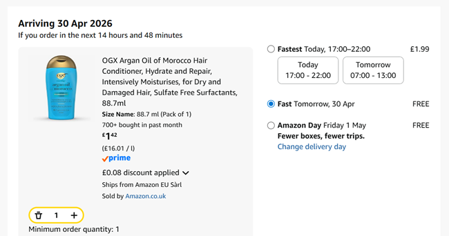 Screenshot showing OGX Argan Oil of Morocco Hair Conditioner 88.7ml for £1.42 at Amazon