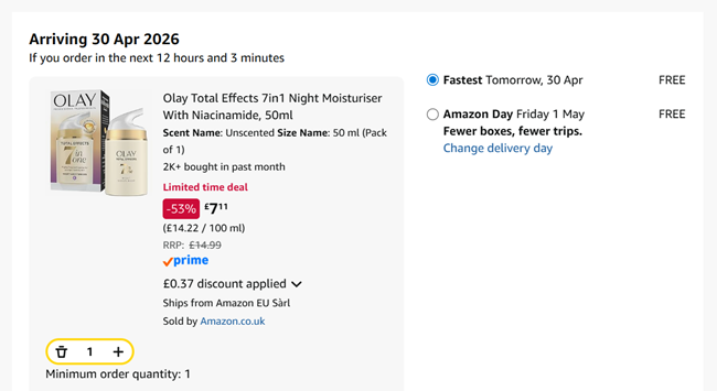 Screenshot showing Olay Total Effects 7in1 Night Moisturiser 50ml for £7.11 at Amazon