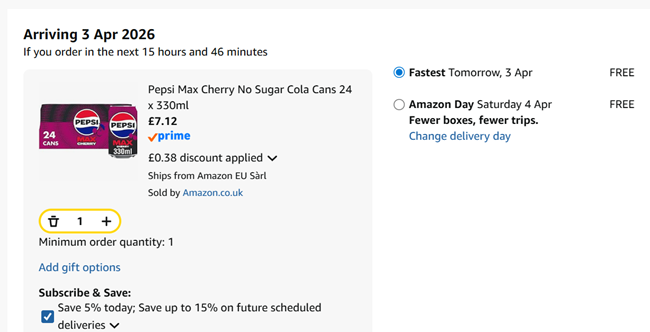 Screenshot showing Pepsi Max Cherry 24 x 330ml Cans for £7.12 at Amazon