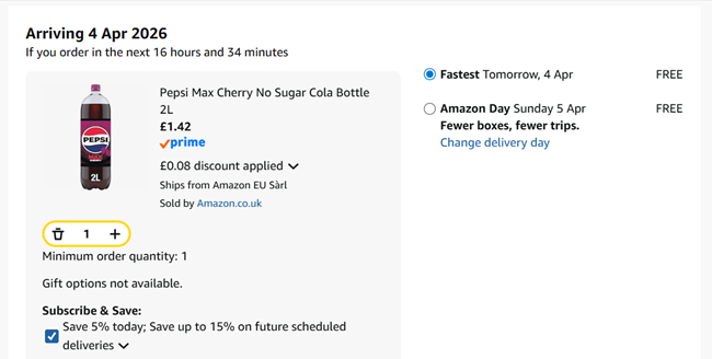 Screenshot showing Pepsi Max Cherry 2L Bottle for £1.42 at Amazon