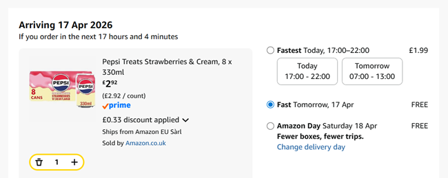 Screenshot showing Pepsi Zero Sugar Strawberries & Cream, 8 x 330ml Cans for £2.92 at Amazon