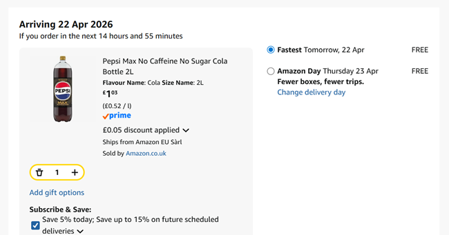 Screenshot showing Pepsi Max No Caffeine No Sugar Cola Bottle 2L for £1.03 at Amazon