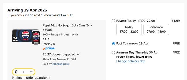 Screenshot showing Pepsi Max 24 x 330ml Cans for £7.11 at Amazon