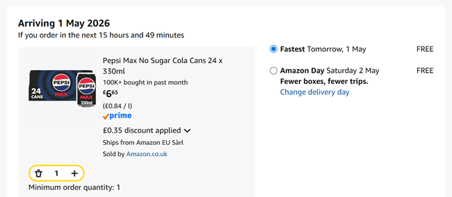 Screenshot showing Pepsi Max No Sugar Cola Cans 24 x 330ml for £6.65 at Amazon