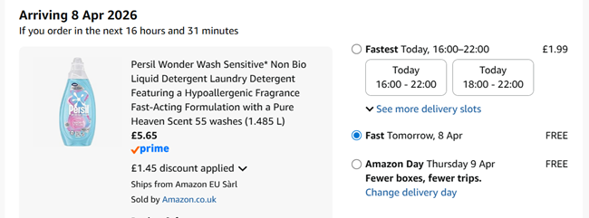 Screenshot showing Persil Wonder Wash Sensitive Non Bio Liquid Detergent Laundry Detergent 55 washes (1.485 L) for £5.65 at Amazon