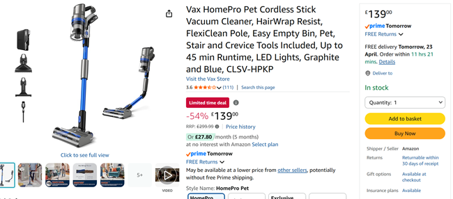 Screenshot showing Vax HomePro Pet Cordless Stick Vacuum Cleaner for £139 at Amazon