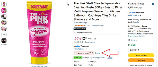 Screenshot showing The Pink Stuff Miracle Squeezable Cleaning Paste 300g for £1.68 at Amazon