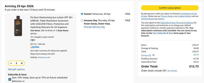 Screenshot showing Piz Buin Moisturising Sun Lotion SPF 50+ (200ml) 3 for £12.73 at Amazon