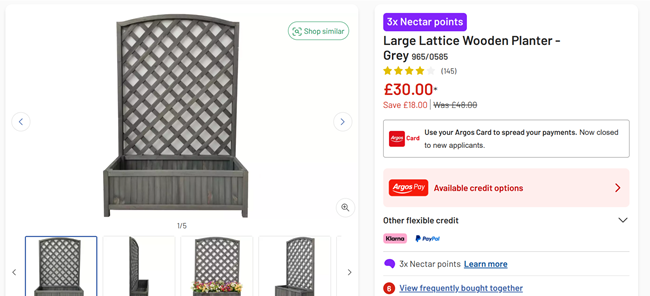 Screenshot showing Large Lattice Wooden Planter Grey for £30 at Argos