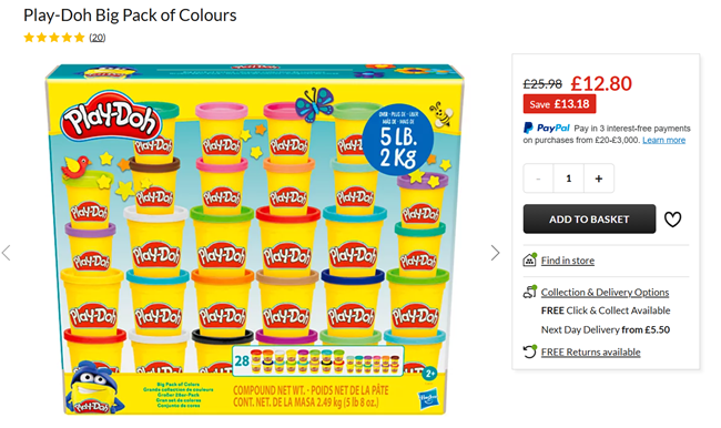 Screenshot showing Play-Doh Big Pack of Colours for £12.80 at George at Asda