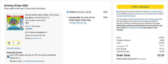 Screenshot showing Plenty Kitchen Roll, 6 Rolls, 2-Ply Tissue for £7.25 at Amazon