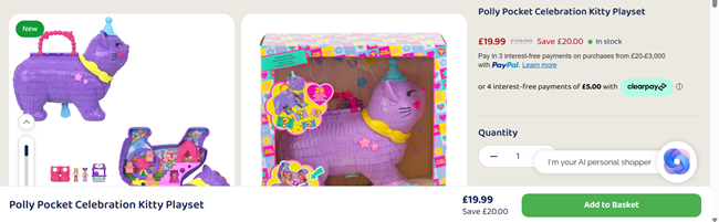 Screenshot showing Polly Pocket Celebration Kitty Playset £19.99 at Bargain Max