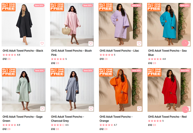 Screenshot showing Buy One Get One Free on Adult Ponchos offer at Online Home Shop