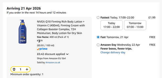 Screenshot showing NIVEA Q10 Firming Rich Body Lotion + Vitamin C 400ml for £3.73 at Amazon