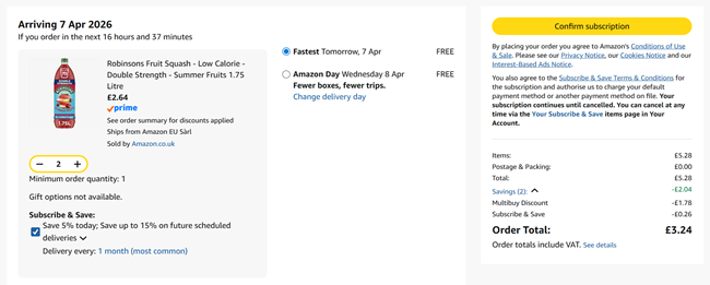 Screenshot showing Robinsons Fruit Squash No Added Sugar Double Strength Summer Fruits 1.75 Litre 2 for £3.24 at Amazon