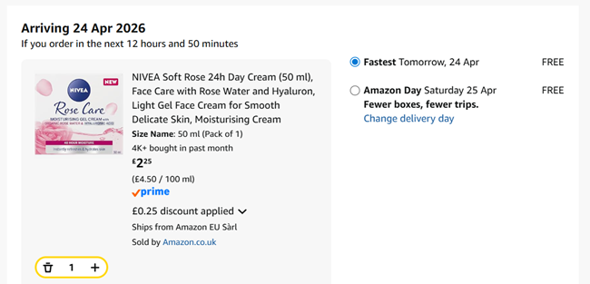 Screenshot showing NIVEA Soft Rose 24h Day Cream (50 ml) for £2.25 at Amazon
