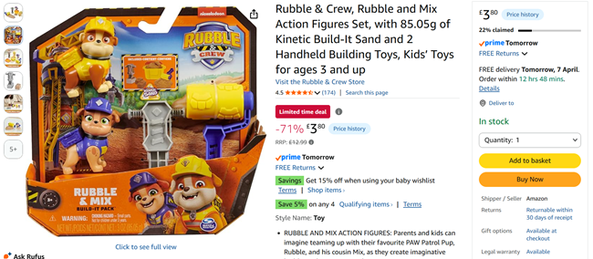 Screenshot showing Rubble & Crew, Rubble and Mix Action Figures Set with Kinetic Sand for £3.80 at Amazon