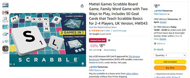 Screenshot showing Mattel Games Scrabble Board Game for £8.99 at Amazon