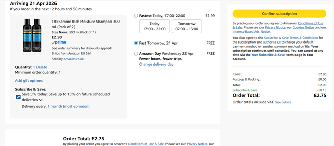 Screenshot showing TRESemmé Rich Moisture Shampoo 300 ml (Pack of 2) for £2.75 at Amazon