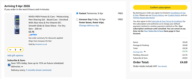 Screenshot showing Nivea Men Protect & Care Moisturising Shaving Gel 3 for £4.69 at Amazon