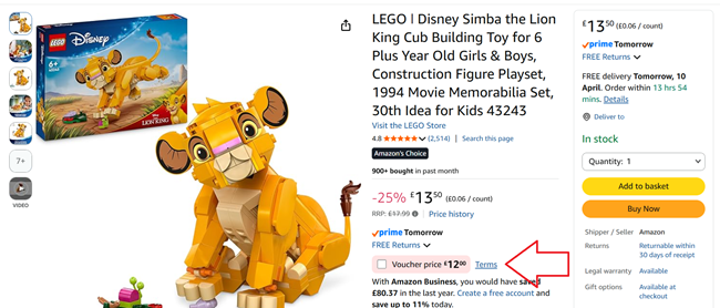 Screenshot showing LEGO Disney Simba the Lion King Cub 43243 at Amazon