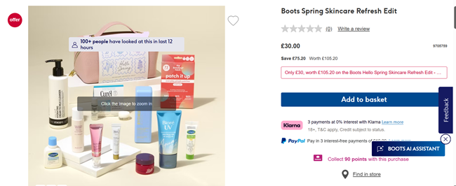 Screenshot showing Boots Spring Skincare Refresh Edit for £30 at Boots