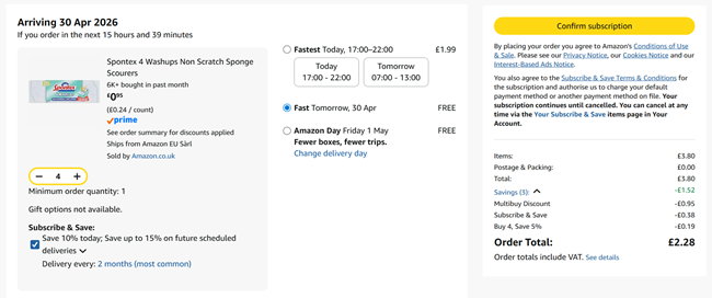 Screenshot showing Spontex 4 Washups Non Scratch Sponge Scourers 4 for £2.28 at Amazon