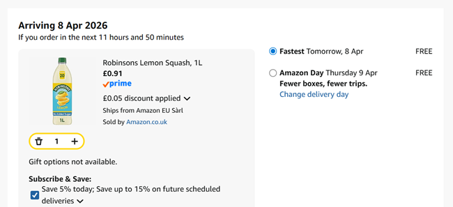 Screenshot showing Robinsons Squash No Added Sugar 1L Lemon for 91p at Amazon