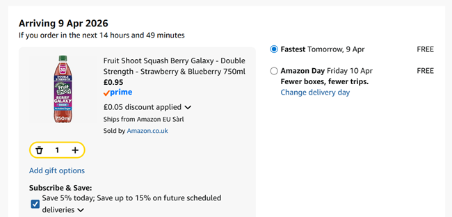Screenshot showing Robinsons Fruit Shoot No Added Sugar Double Strength Squash 750ml for 95p at Amazon