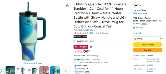 Screenshot showing Stanley Quencher H2.0 Flowstate Tumbler 1.2L for £29.99 at Amazon