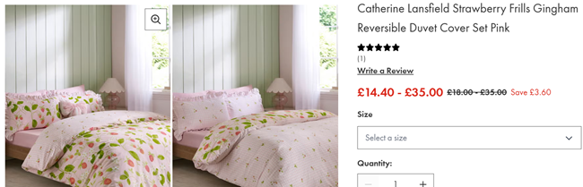 Screenshot showing Catherine Lansfield Strawberry Frills Gingham Reversible Duvet Cover Set from £14.40 at Matalan