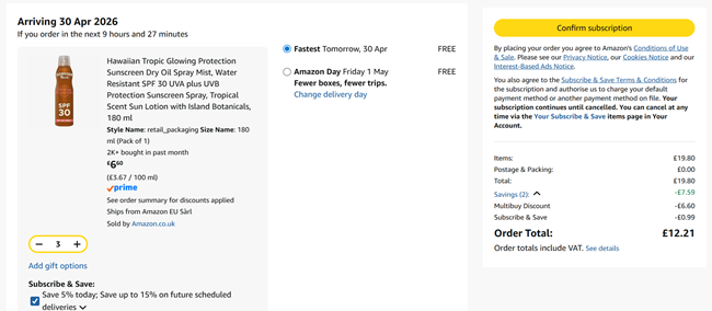 Screenshot showing Hawaiian Tropic Glowing Protection Sunscreen Dry Oil Spray Mist, Water Resistant SPF 30 3 for £12.21 at Amazon