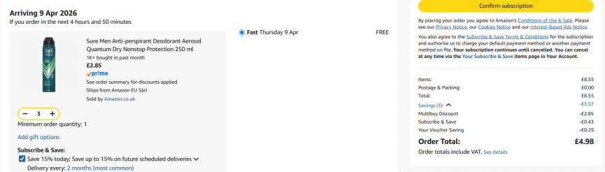 Offer Stack: 3 x Sure Men Anti-perspirant Deodorant Aerosol Quantum Dry Nonstop Protection 250 ml now £4.98 @ Amazon