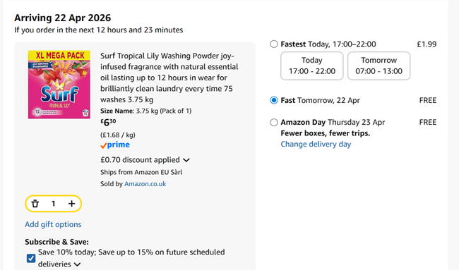 Screenshot showing Surf Tropical Lily Washing Powder 75 washes 3.75 kg for £6.30 at Amazon