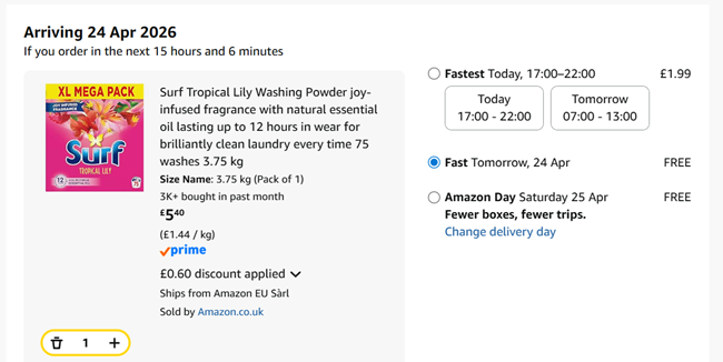 Screenshot showing Surf Tropical Lily Washing Powder 75 washes 3.75 kg for £5.40 at Amazon