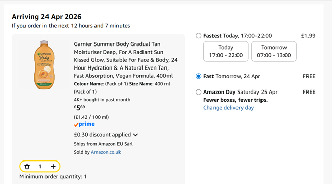 Screenshot showing Garnier Summer Body Gradual Tan Moisturiser Deep 400ml for £5.69 at Amazon