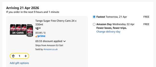 Screenshot showing Tango Sugar Free Cherry Cans 24 x 330ml for £6.32 at Amazon