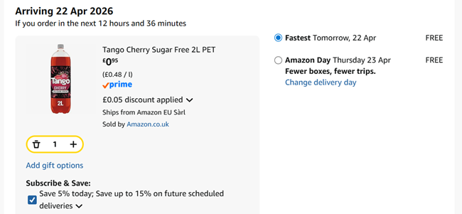 Screenshot showing Tango Cherry Sugar Free 2L Bottle for 95p at Amazon