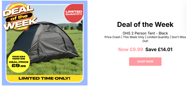 Screenshot showing OHS 2 Person Tent - Black for £9.99 at Online Home Shop