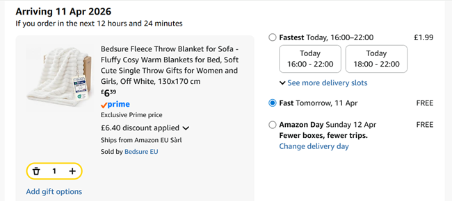 Screenshot showing Bedsure Fleece Throw Blanket Off White for £6.39 at Amazon / Bedsure EU